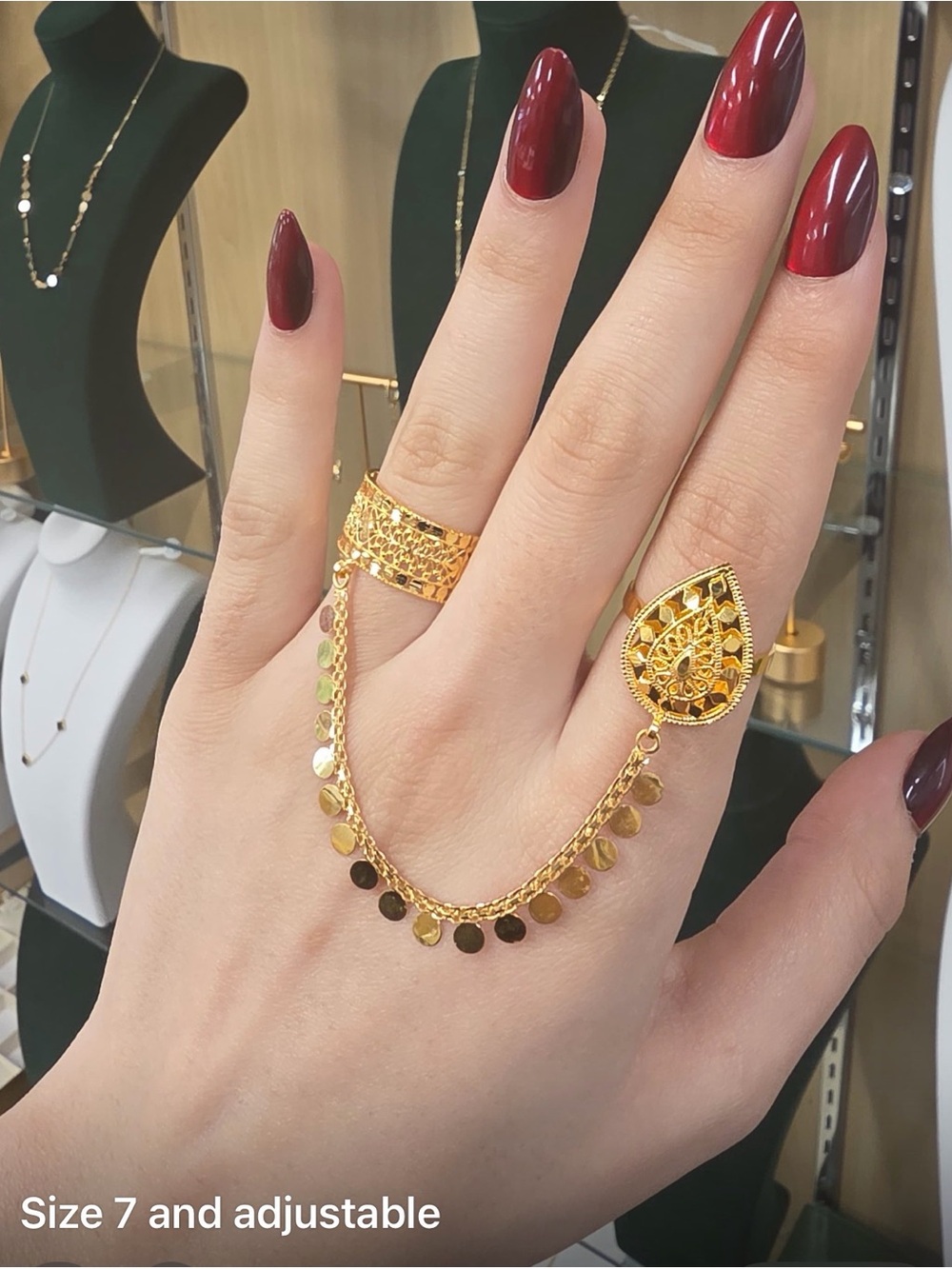 Gold Double Ring Chain with Teardrop ring - Women Jewelry